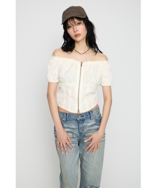 LAGUA GEM(ラグアジェム)の「2WAY ZIP COTTON トップス(Tシャツ/カットソー・レディース・チャコールグレー/ホワイト/ライトピンク・FREE)」の17枚目の写真