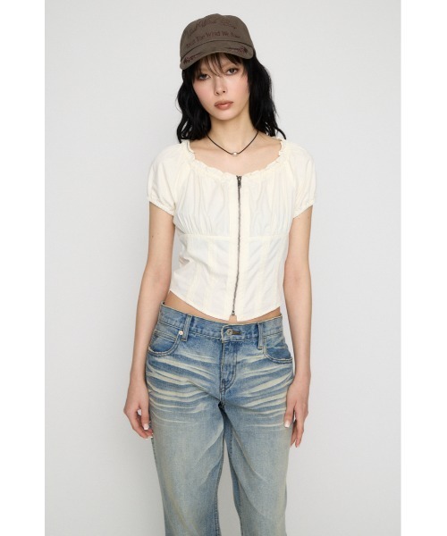 LAGUA GEM(ラグアジェム)の「2WAY ZIP COTTON トップス(Tシャツ/カットソー・レディース・チャコールグレー/ホワイト/ライトピンク・FREE)」の18枚目の写真