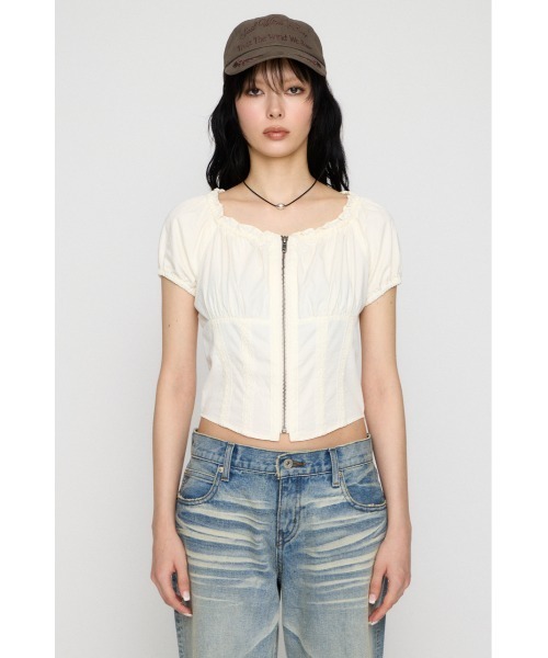 LAGUA GEM(ラグアジェム)の「2WAY ZIP COTTON トップス(Tシャツ/カットソー・レディース・チャコールグレー/ホワイト/ライトピンク・FREE)」の16枚目の写真