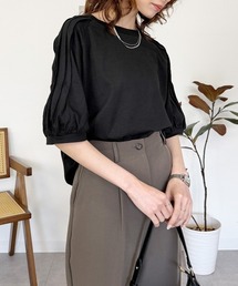 袖タックラグランスリーブ半袖トップス