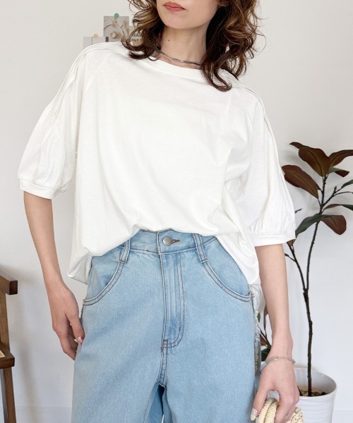 RCD(アールシーディー)の「袖タックラグランスリーブ半袖トップス(Tシャツ/カットソー・レディース・チャコールグレー/グレイッシュベージュ/オフホワイト/ブラック・LL~3L/M-L/4L~5L)」の6枚目の写真