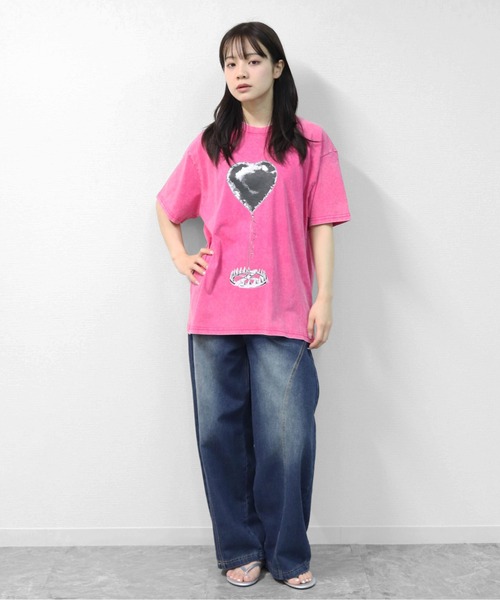 GARAGE MADE(ガレージメイド)の「レディースM~Lサイズ ユニセックス ピグメントプリント BIG Tシャツ HEARTTRAP(Tシャツ/カットソー・レディース・ピンク/グリーン/ブラック/ブルー/グレー/アイボリー・S)」の10枚目の写真