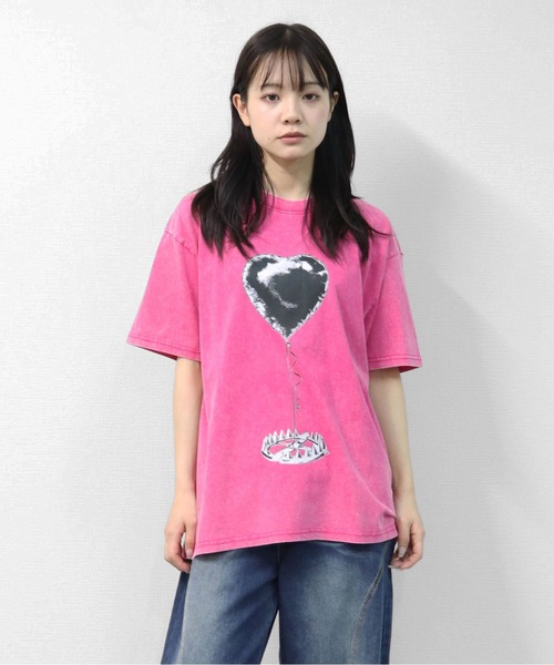 GARAGE MADE(ガレージメイド)の「レディースM~Lサイズ ユニセックス ピグメントプリント BIG Tシャツ HEARTTRAP(Tシャツ/カットソー・レディース・ピンク/グリーン/ブラック/ブルー/グレー/アイボリー・S)」の9枚目の写真