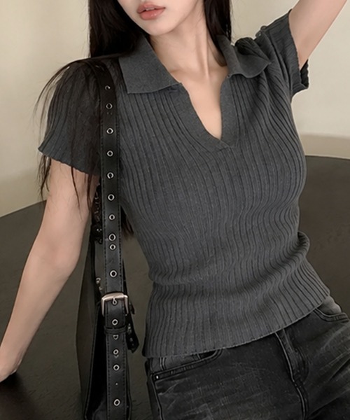 GLAMOROUS JANE(グラマラスジェーン)の「スキッパーリブニットトップス(ニット/セーター・レディース・ブラック/グレー・FREE)」の9枚目の写真
