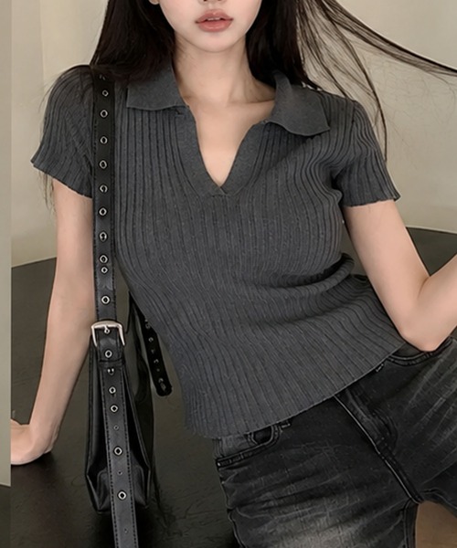 GLAMOROUS JANE(グラマラスジェーン)の「スキッパーリブニットトップス(ニット/セーター・レディース・ブラック/グレー・FREE)」の11枚目の写真