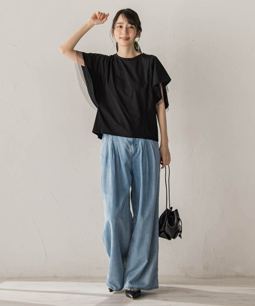 Droite lautreamont(ドロワットロートレアモン)の「キシリトール加工天竺袖チュール重ねプルオーバー(Tシャツ/カットソー・レディース・ブラック/オフホワイト/ベージュ・M)」の19枚目の写真