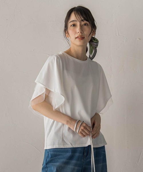 Droite lautreamont(ドロワットロートレアモン)の「キシリトール加工天竺袖チュール重ねプルオーバー(Tシャツ/カットソー・レディース・ブラック/オフホワイト/ベージュ・M)」の6枚目の写真