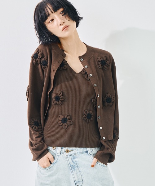 CLANE(クラネ)の「【CLANE/クラネ】FLOWER MOTIF KNIT CARDIGAN/フラワーモチーフニットカーディガン(カーディガン/ボレロ・レディース・ブラック/ブラウン/イエロー・1/2)」の3枚目の写真