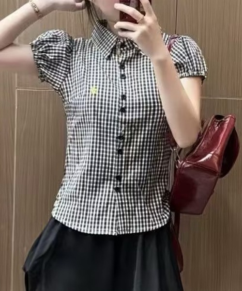AsheKsha(アシクシャ)の「細チェック襟付きパフスリーブウエスト絞り半袖シャツ(シャツ/ブラウス・レディース・ブラック×ホワイト・M)」の13枚目の写真