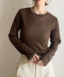 クルーネック長袖 リブシアートップス ロングTシャツ