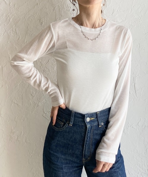 She's Closet(シーズクローゼット)の「クルーネック長袖 リブシアートップス ロングTシャツ(Tシャツ/カットソー・レディース・アイボリー/ブラウン/ブラック/オフホワイト・FREE)」の1枚目の写真