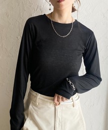 クルーネック長袖 リブシアートップス ロングTシャツ