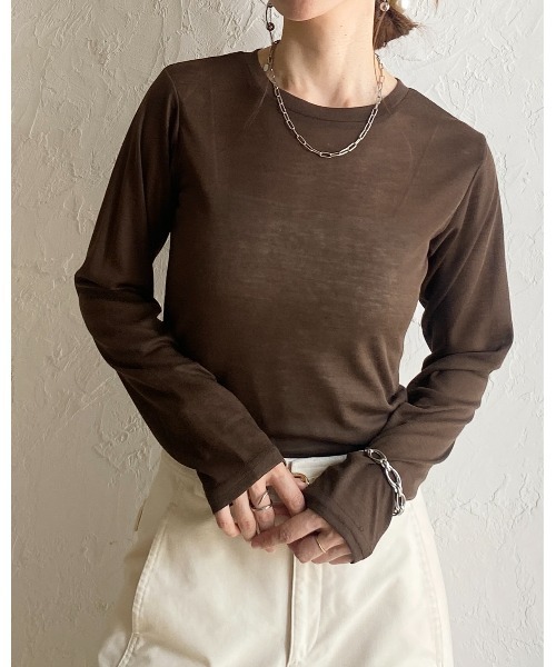 She's Closet(シーズクローゼット)の「クルーネック長袖 リブシアートップス ロングTシャツ(Tシャツ/カットソー・レディース・アイボリー/ブラウン/ブラック/オフホワイト・FREE)」の14枚目の写真