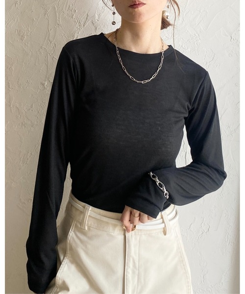 She's Closet(シーズクローゼット)の「クルーネック長袖 リブシアートップス ロングTシャツ(Tシャツ/カットソー・レディース・アイボリー/ブラウン/ブラック/オフホワイト・FREE)」の6枚目の写真