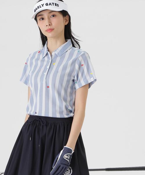 PEARLY GATES】Peメッシュストライプニット半袖ポロシャツ (WOMENS