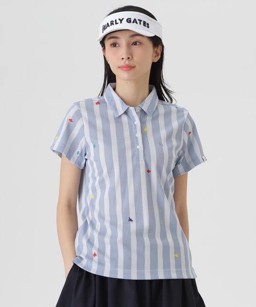 PEARLY GATES】Peメッシュストライプニット半袖ポロシャツ (WOMENS