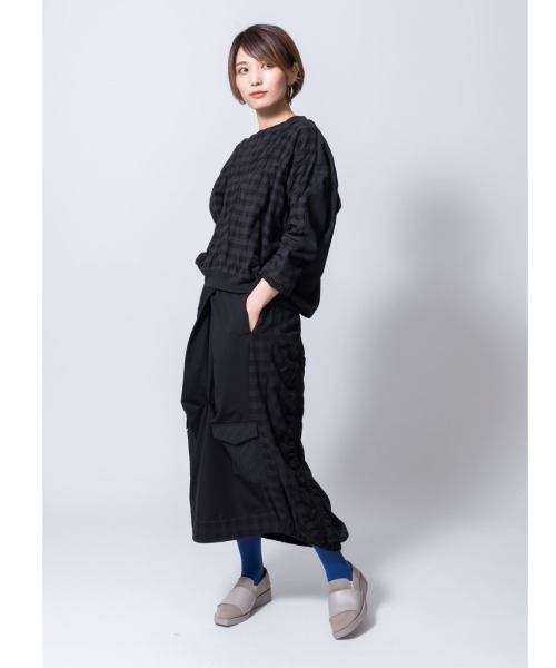 WHITE（ホワイト）の「コットンリネンチェックミリタリーシャーリングスカート（スカート・レディース・ブラック・FREE）」の3枚目の写真