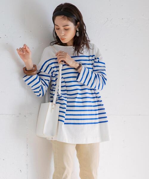 coen(コーエン)の「チュニック丈パネルボーダーTシャツ(Tシャツ/カットソー・レディース・ベージュ/レッド/ブラック/コバルトブルー・FREE)」の5枚目の写真