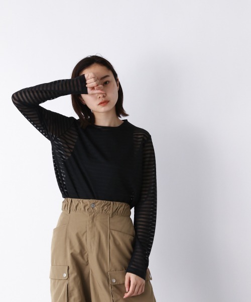 JEANASIS（ジーナシス）の「シアーボーダーLST/958375（Tシャツ/カットソー・レディース・ブラック/グリーン・FREE）」の3枚目の写真