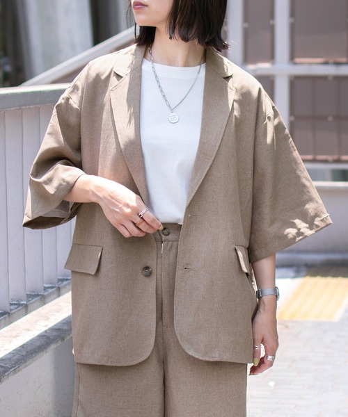 PairPair(ペアペア)の「テックリネン半袖ジャケット(セットアップ/ユニセックス)(テーラードジャケット・メンズ・ライトブラウン/アイボリー・MEDIUM/LARGE)」の6枚目の写真