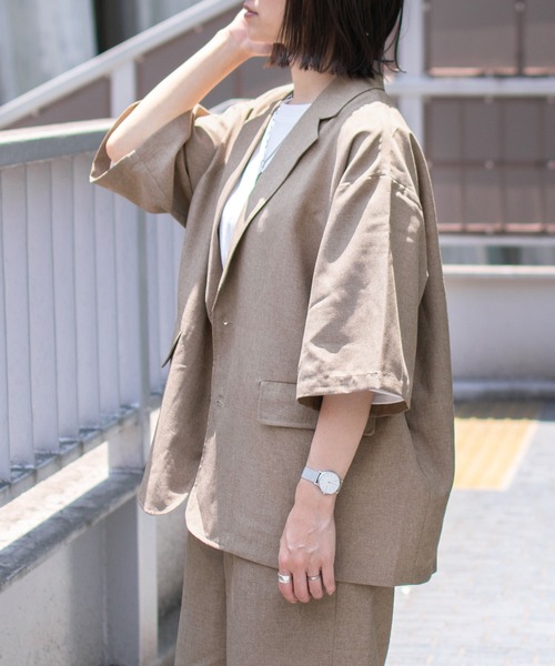 PairPair(ペアペア)の「テックリネン半袖ジャケット(セットアップ/ユニセックス)(テーラードジャケット・メンズ・ライトブラウン/アイボリー・MEDIUM/LARGE)」の7枚目の写真