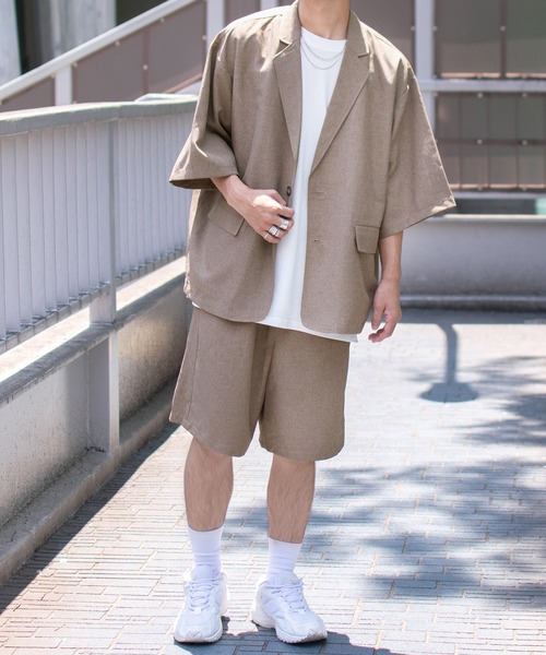 PairPair(ペアペア)の「テックリネン半袖ジャケット(セットアップ/ユニセックス)(テーラードジャケット・メンズ・ライトブラウン/アイボリー・MEDIUM/LARGE)」の9枚目の写真