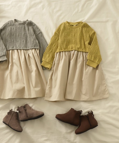 apres les cours（アプレレクール）の「WEB限定 膨れジャガードドッキングワンピース（ワンピース・キッズ・ブラウン/イエロー/アイボリー/サックスブルー・80/130/140/120/90/110/100）」の4枚目の写真