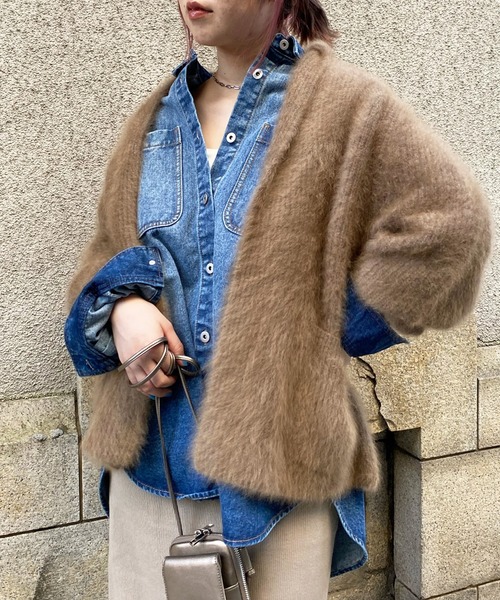 DouDou ラクーンカーディガン グレー DouDou（ドゥドゥ）の「ミンク加工ラクーンカーディガン