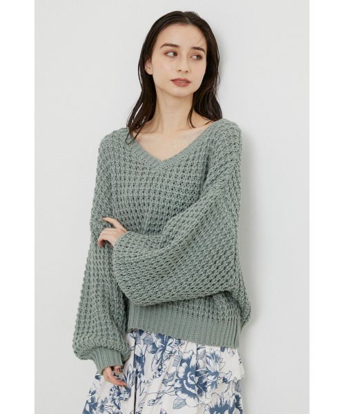 rienda(リエンダ)の「ワッフルVネックニットトップス(ニット/セーター・レディース・ブラック/ピンク/グリーン/アイボリー・FREE)」の3枚目の写真