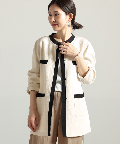【美品✨】chere iena ウールバイカラーノーカラージャケット セール】mapel バイカラージャケット◇（ノーカラージャケット