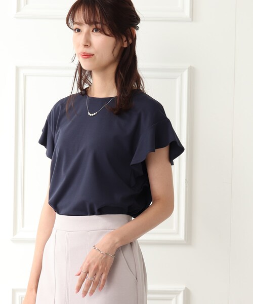 DRESKIP(ドレスキップ)の「◆【接触冷感】お袖ラッフルプルオーバー(Tシャツ/カットソー・レディース・ネイビー/オフホワイト/オレンジ/サンドベージュ・02/03)」の4枚目の写真