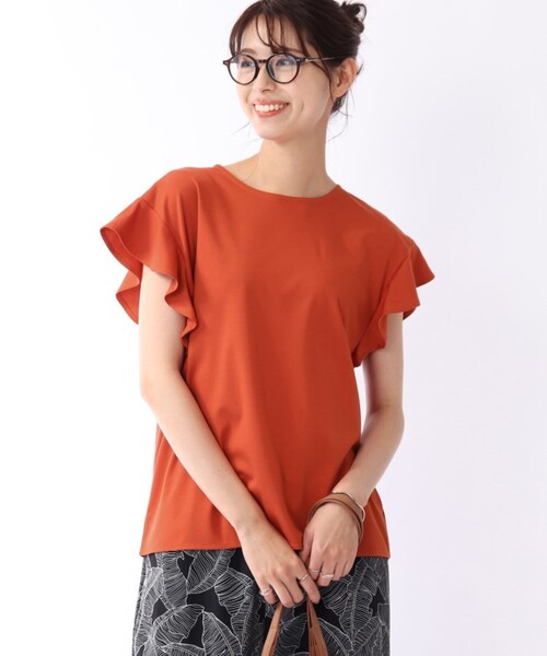 DRESKIP(ドレスキップ)の「◆【接触冷感】お袖ラッフルプルオーバー(Tシャツ/カットソー・レディース・ネイビー/オフホワイト/オレンジ/サンドベージュ・02/03)」の1枚目の写真