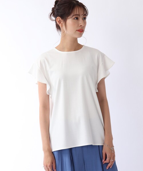 DRESKIP(ドレスキップ)の「◆【接触冷感】お袖ラッフルプルオーバー(Tシャツ/カットソー・レディース・ネイビー/オフホワイト/オレンジ/サンドベージュ・02/03)」の5枚目の写真