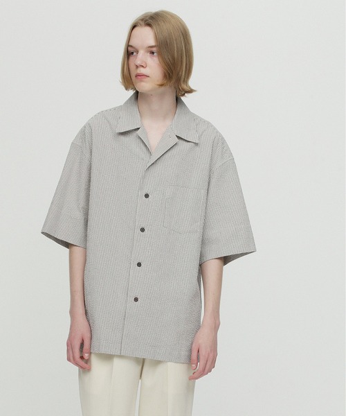 UNDECORATED(アンデコレイテッド)の「UNDECORATED アンデコレイテッド / Suvin Cotton Seersucker S/S Shirt スビンコットン シアサッカー オーバーサイズ半袖シャツ(セットアップ) / UDS23207(シャツ/ブラウス・メンズ・ブラック/ストライプ・1/2/3)」の4枚目の写真