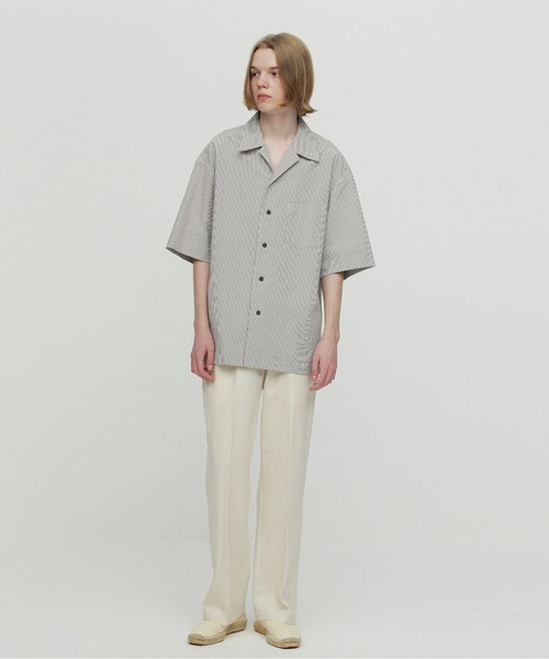 UNDECORATED(アンデコレイテッド)の「UNDECORATED アンデコレイテッド / Suvin Cotton Seersucker S/S Shirt スビンコットン シアサッカー オーバーサイズ半袖シャツ(セットアップ) / UDS23207(シャツ/ブラウス・メンズ・ブラック/ストライプ・1/2/3)」の5枚目の写真