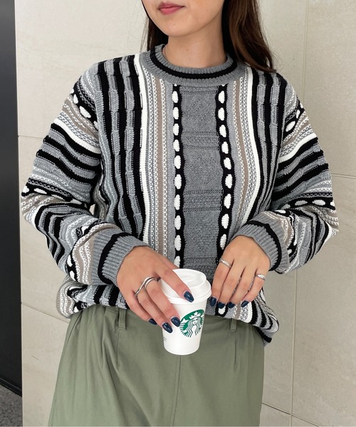 Meli rich(メリーリッチ)の「レトロ90's。3Dジャガードニット(ニット/セーター・レディース・アイボリー系/ブラウン系/グレー系・MEDIUM)」の9枚目の写真