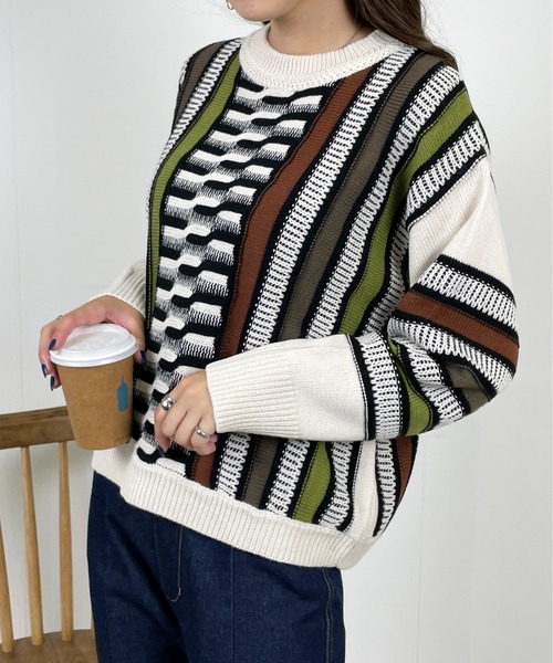 Meli rich(メリーリッチ)の「レトロ90's。3Dジャガードニット(ニット/セーター・レディース・アイボリー系/ブラウン系/グレー系・MEDIUM)」の10枚目の写真