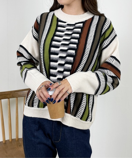 Meli rich(メリーリッチ)の「レトロ90's。3Dジャガードニット(ニット/セーター・レディース・アイボリー系/ブラウン系/グレー系・MEDIUM)」の6枚目の写真