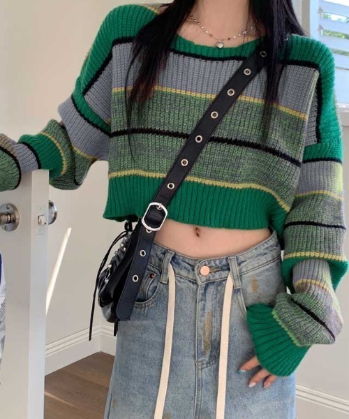 グリーンボーダークロップドニット（ニット/セーター）｜Vipoa