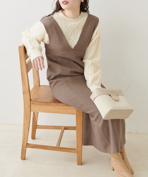 natural couture（ナチュラルクチュール）の「ピーチツイルジャンスカ（ジャンパースカート・レディース・モカ/ライトベージュ/ブラック・FREE）」の3枚目の写真
