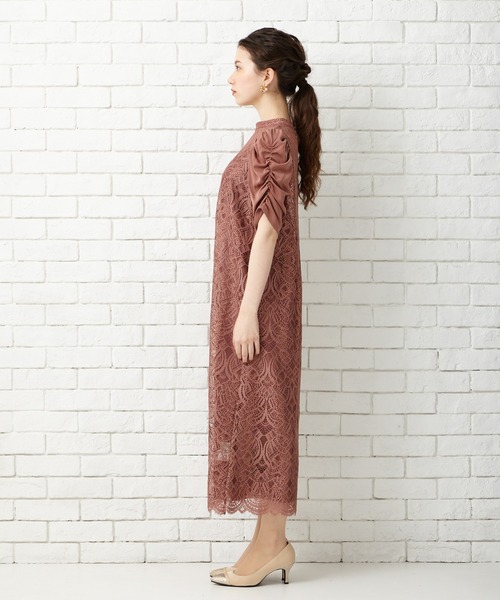 AIMER　プチハイネック袖ギャザーIラインレースパーティードレス　ローズ　M AIMER プチハイネック袖ギャザーIラインレースパーティードレス