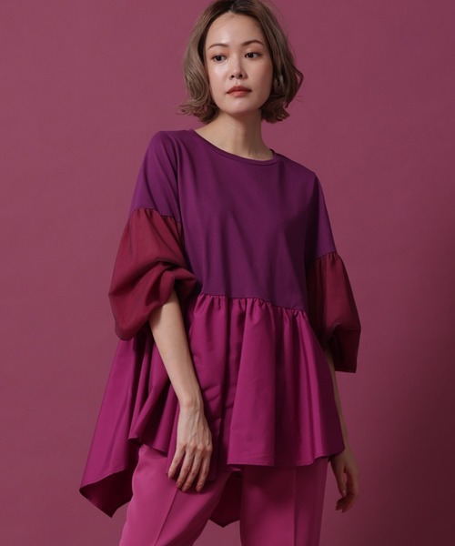 HERENCIA（ヘレンチア）の「イレギュラーヘム チュールスリーブ デザイン カットソー（Tシャツ/カットソー・レディース・ブラック/プラム/ホワイト・MEDIUM）」の3枚目の写真