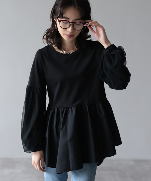 HERENCIA（ヘレンチア）の「イレギュラーヘム チュールスリーブ デザイン カットソー（Tシャツ/カットソー・レディース・ブラック/プラム/ホワイト・MEDIUM）」の2枚目の写真