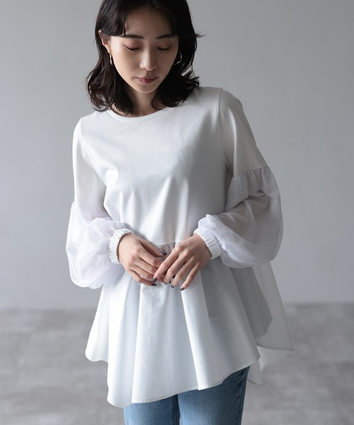 HERENCIA（ヘレンチア）の「イレギュラーヘム チュールスリーブ デザイン カットソー（Tシャツ/カットソー・レディース・ブラック/プラム/ホワイト・MEDIUM）」の5枚目の写真