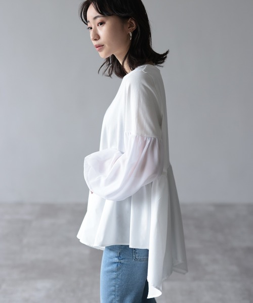 HERENCIA（ヘレンチア）の「イレギュラーヘム チュールスリーブ デザイン カットソー（Tシャツ/カットソー・レディース・ブラック/プラム/ホワイト・MEDIUM）」の6枚目の写真