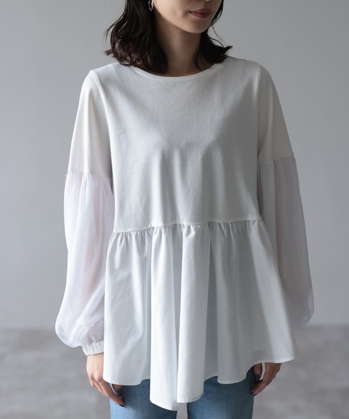 HERENCIA（ヘレンチア）の「イレギュラーヘム チュールスリーブ デザイン カットソー（Tシャツ/カットソー・レディース・ブラック/プラム/ホワイト・MEDIUM）」の13枚目の写真