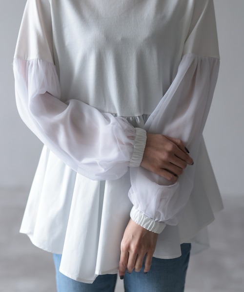 HERENCIA（ヘレンチア）の「イレギュラーヘム チュールスリーブ デザイン カットソー（Tシャツ/カットソー・レディース・ブラック/プラム/ホワイト・MEDIUM）」の14枚目の写真