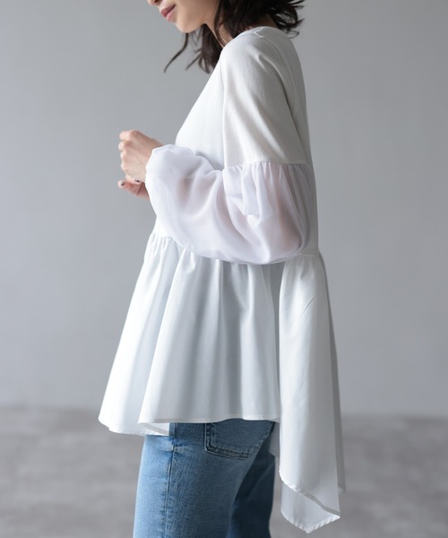 HERENCIA（ヘレンチア）の「イレギュラーヘム チュールスリーブ デザイン カットソー（Tシャツ/カットソー・レディース・ブラック/プラム/ホワイト・MEDIUM）」の15枚目の写真