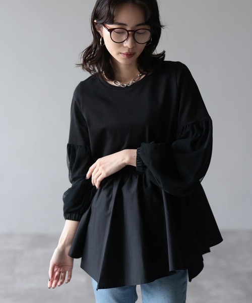 HERENCIA（ヘレンチア）の「イレギュラーヘム チュールスリーブ デザイン カットソー（Tシャツ/カットソー・レディース・ブラック/プラム/ホワイト・MEDIUM）」の18枚目の写真