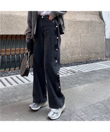 フェイクサイドボタンデニムパンツ